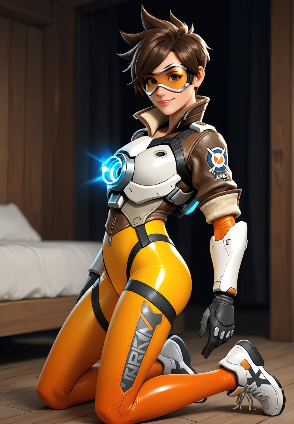 Full-body digital illustration of Tracer from Overwatch kneeling on a wooden floor in a bedroom, looking at the camera with a slight smile.