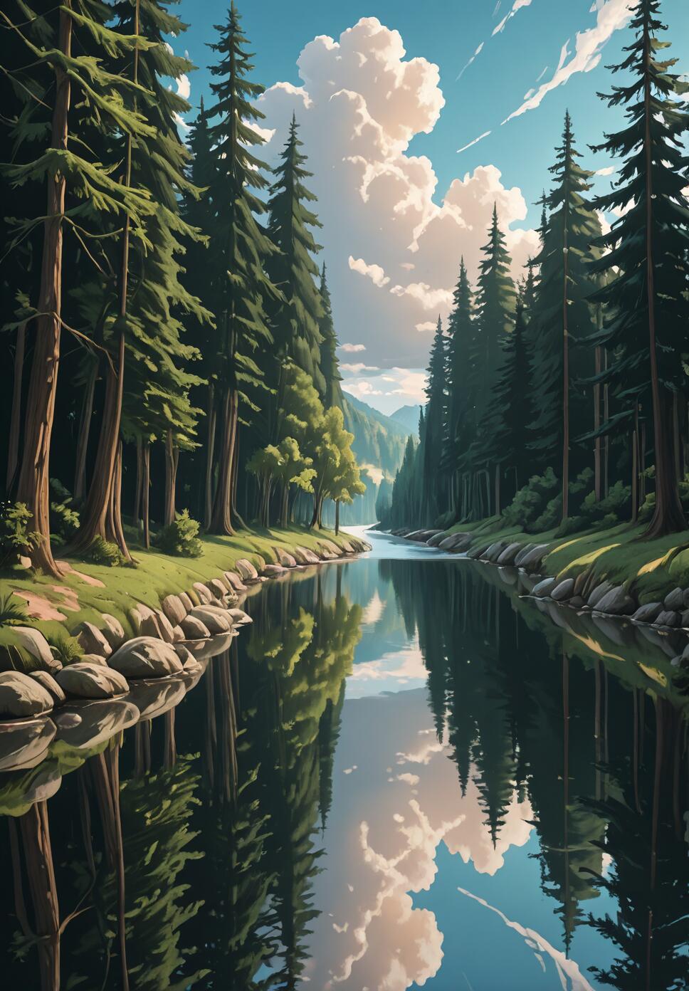A vertical illustration of a tranquil river flowing through a dense forest of tall pine trees, with the blue sky and white clouds perfectly reflected in the still water.