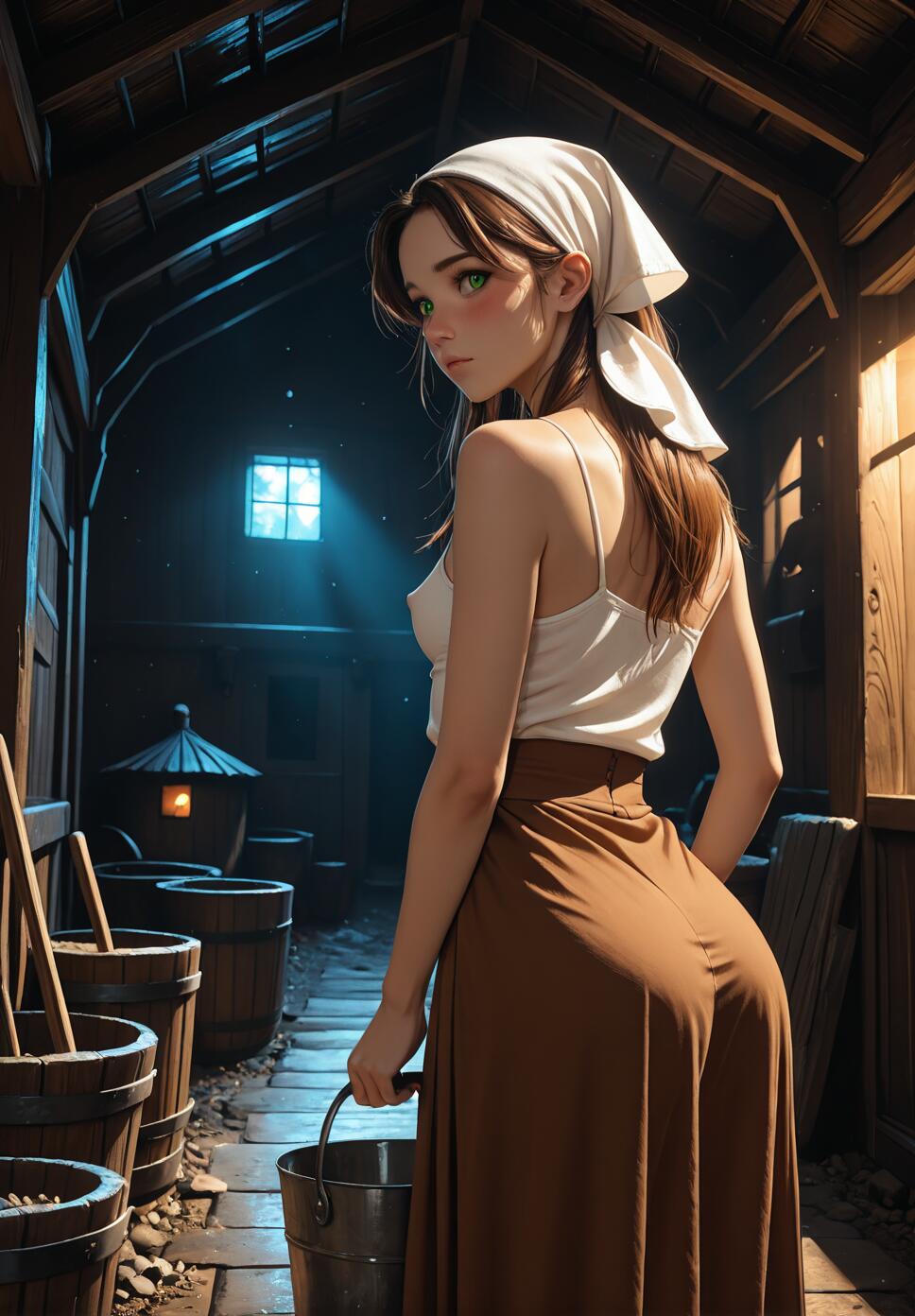 A young woman with brown hair and a white headscarf stands in a dark wooden barn, holding a bucket and looking back over her shoulder. Moonlight streams through a small window in the background.