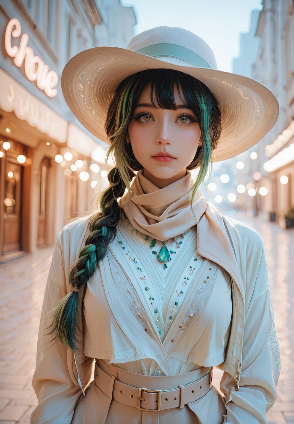 A young woman with large green eyes and dark hair with green streaks, wearing a wide-brimmed hat, a stylish beige layered outfit, and a green gemstone necklace, standing on a blurred city street with warm lights.