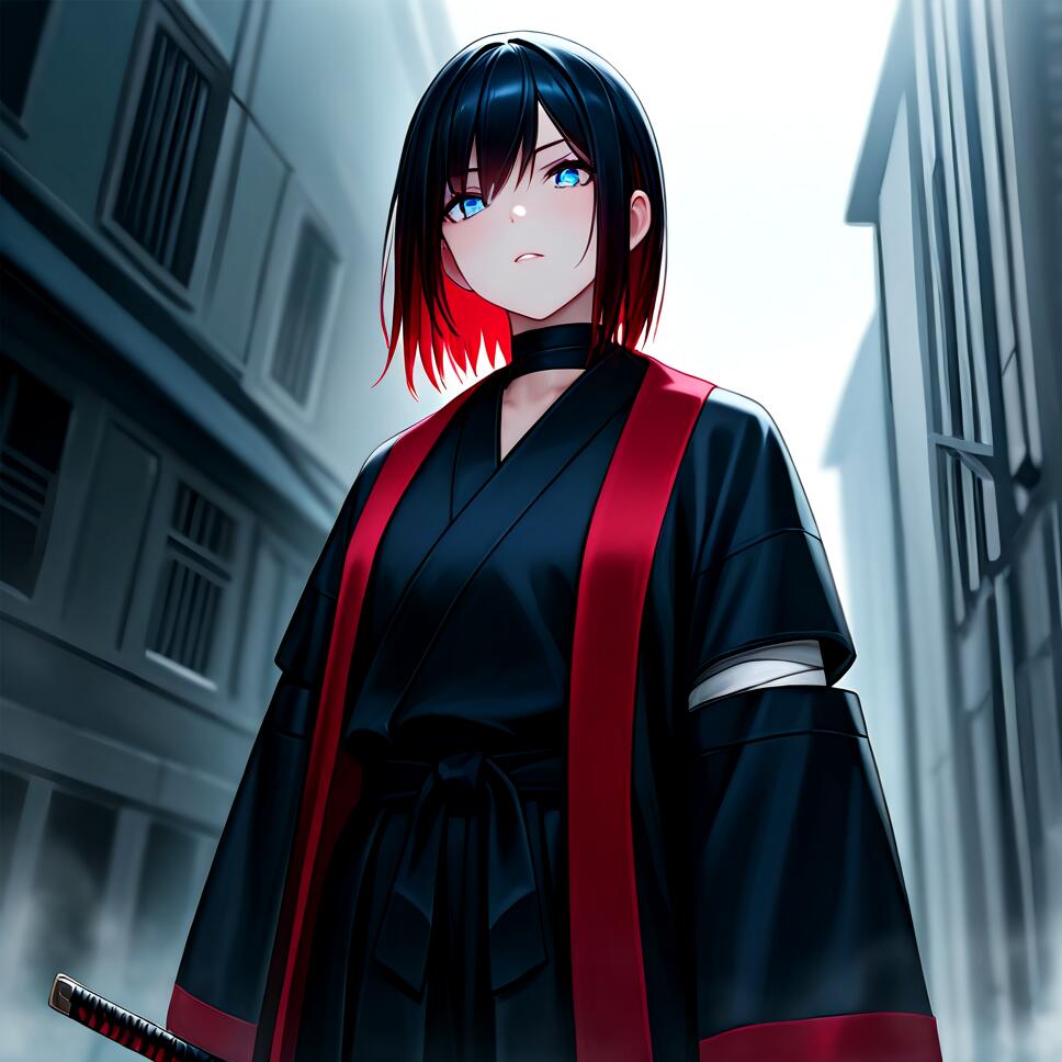 An anime woman with short black hair with red tips and bright blue eyes, wearing a black and red samurai robe and holding a katana, stands in a city alley looking up with a determined expression.