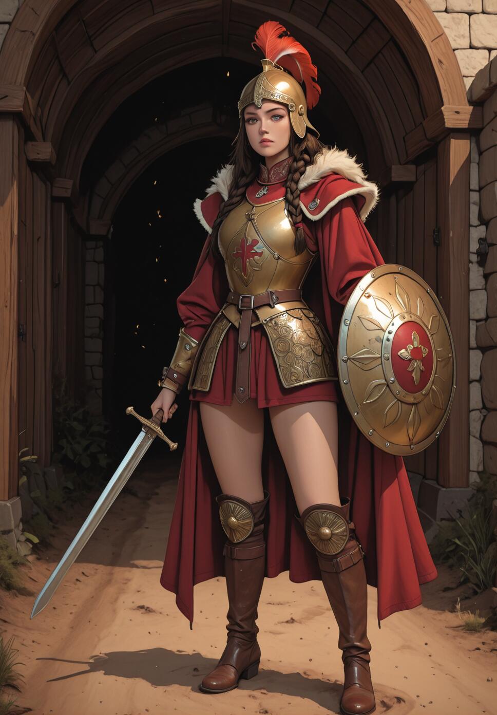 A full-body portrait of a female warrior in golden Roman-style armor and a red cape, holding a sword and shield as she stands in front of a large wooden and stone arched gateway.