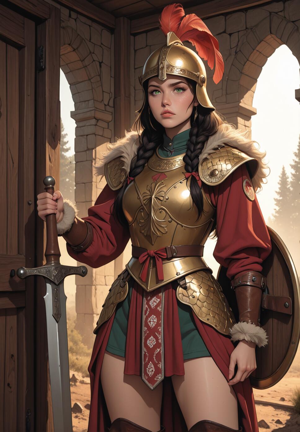 A full-body illustration of a female warrior with dark braided hair and green eyes. She wears a golden helmet with a red plume, ornate golden armor, a red coat with fur trim, and holds a large sword and a round shield while standing in a stone and wood gateway.