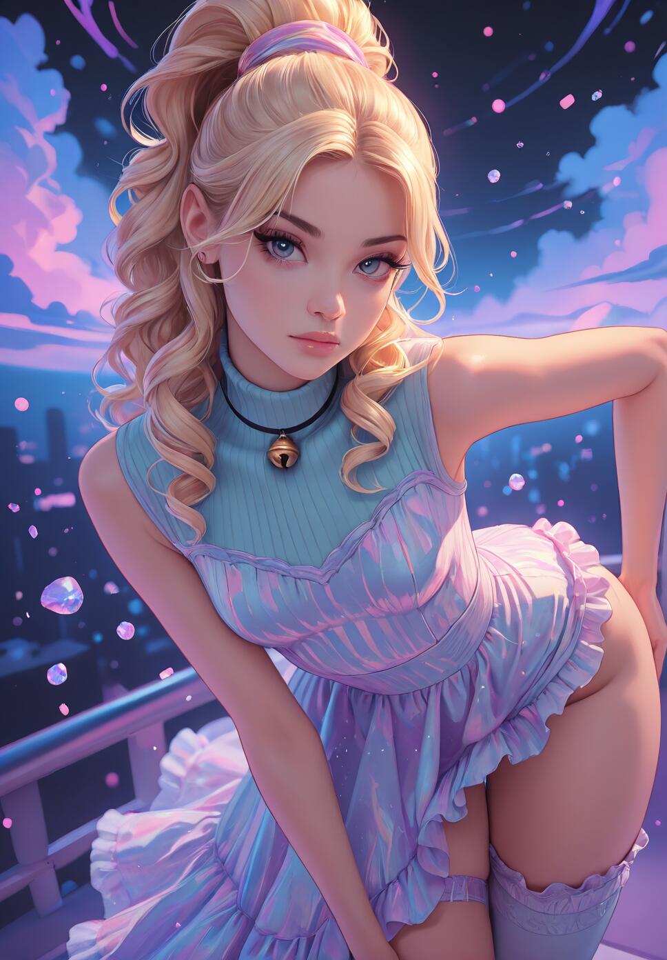 A digital illustration of a young woman with curly blonde hair in a ponytail, wearing a pastel blue and lavender frilly dress and a choker with a bell, leaning on a balcony with a glowing twilight cityscape in the background.