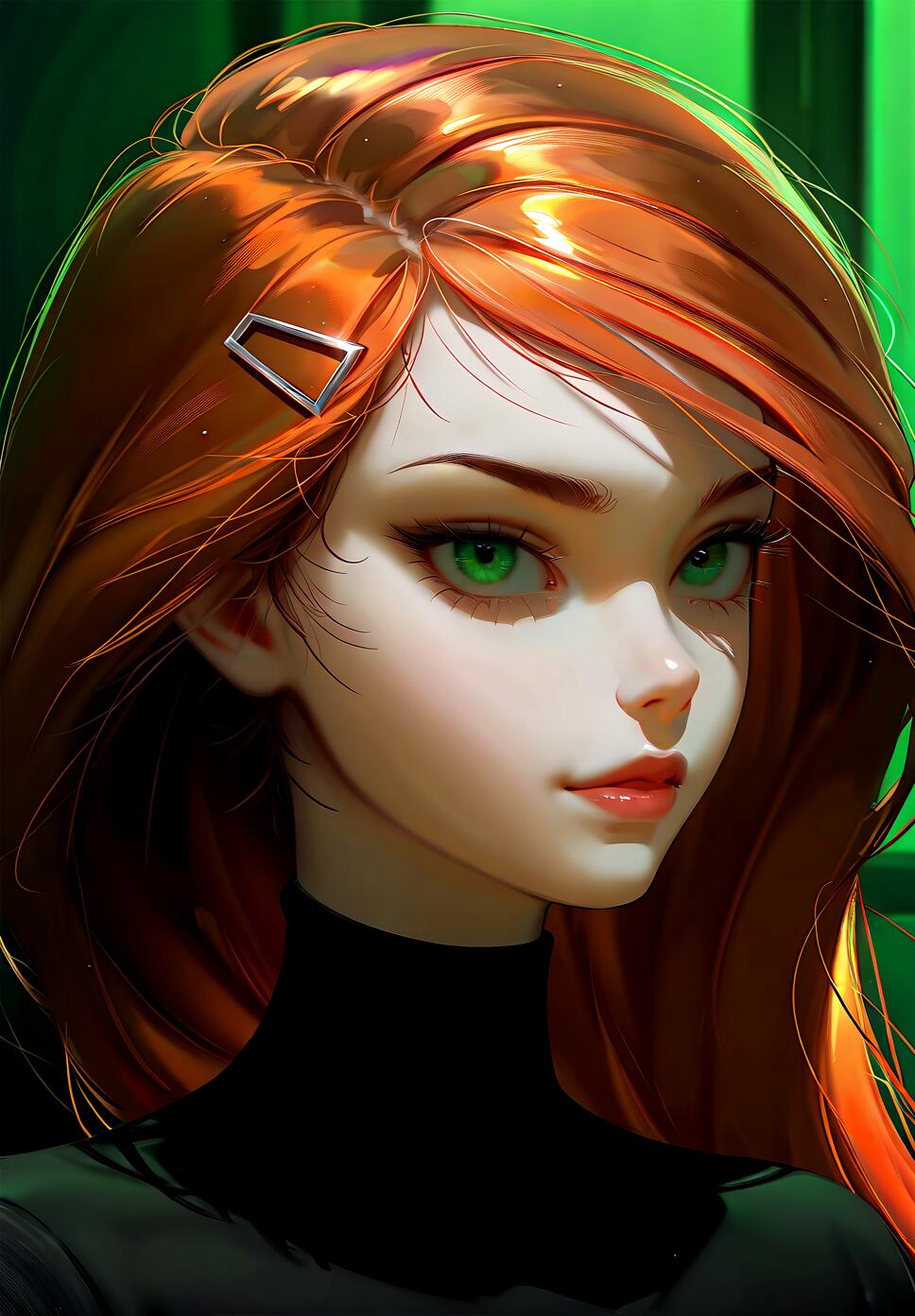 A digital portrait of Kim Possible, a young woman with long, shiny red hair, bright green eyes, and fair skin. She wears a black turtleneck and has a silver hair clip in her hair. She has a serious expression and is looking slightly away from the viewer against a vibrant green background.