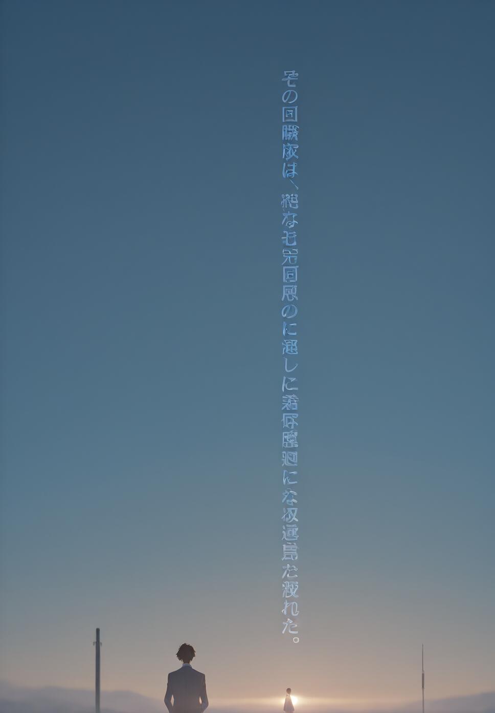 An anime-style illustration of Shuuichi Tsukamoto from Hibike! Euphonium from behind, watching the distant figure of Kumiko Oumae at sunrise. The vast blue sky is filled with a vertical line of Japanese text, creating a moody and cinematic feel.