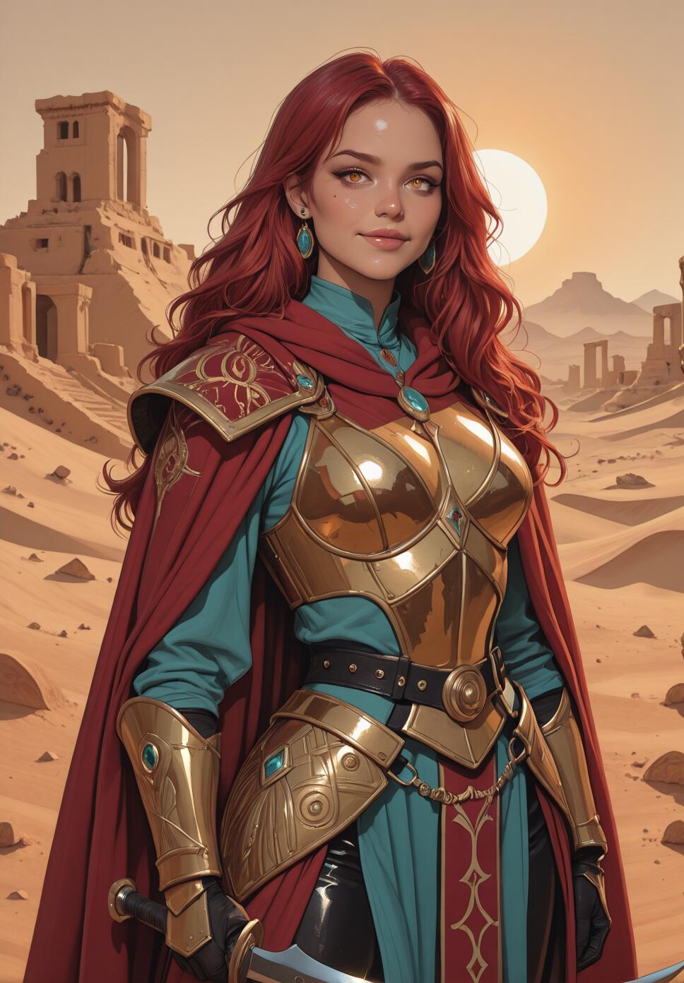 A beautiful red-haired woman in ornate golden armor and a red cape stands confidently in a desert with ancient ruins in the background at sunset.
