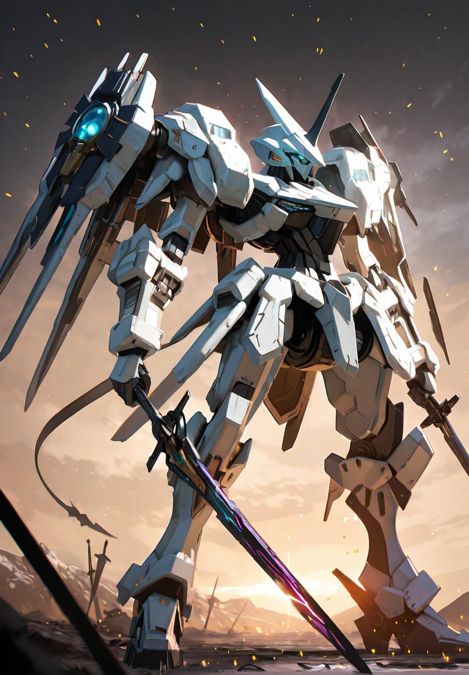 A full-body, low-angle shot of a powerful white and grey mecha with angelic wings, standing on a desolate battlefield littered with swords. The robot holds a long, futuristic sword with a glowing purple blade, and the sky is a dusky orange with light particles floating around.