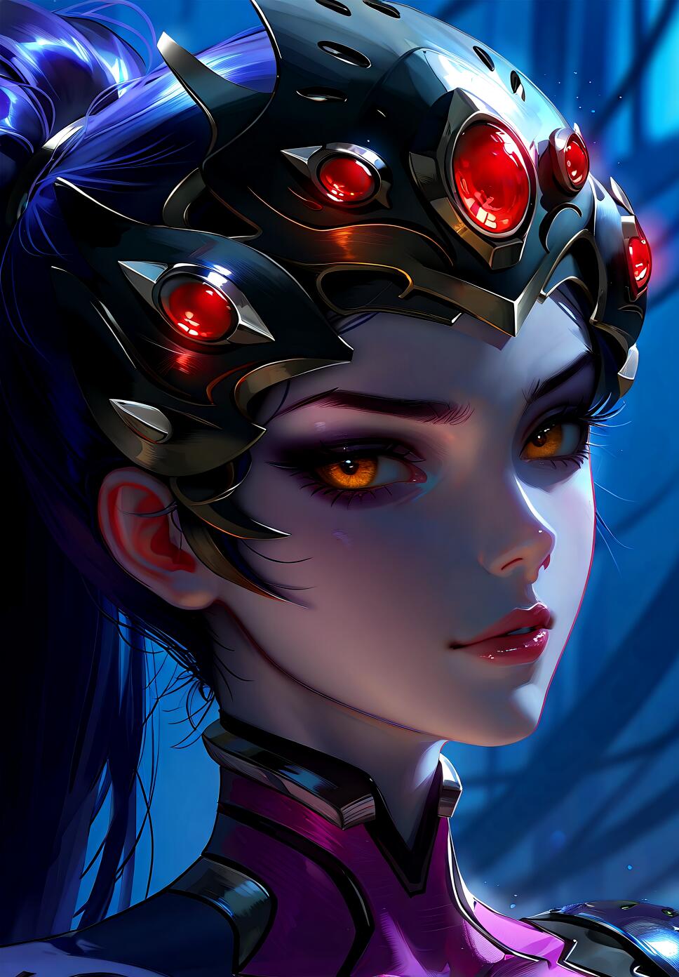 A detailed digital art portrait of the character Widowmaker from Overwatch. She has pale skin, long dark blue hair in a ponytail, and striking golden eyes. She is wearing a complex black and gold visor with red gems on her forehead and a purple and black high-collared suit. The background is a dark, abstract blue.