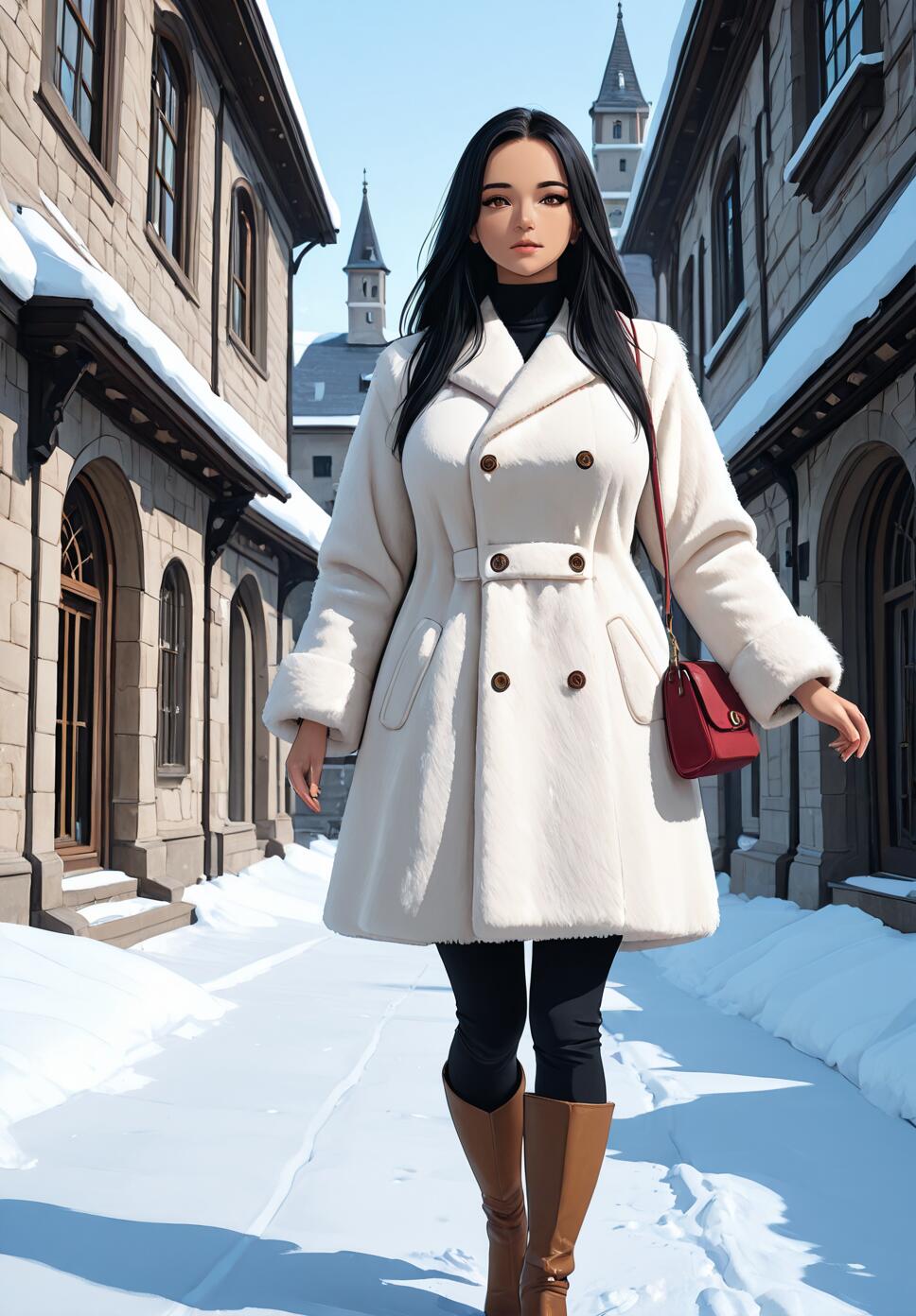 A full-body illustration of a young woman with long black hair walking down a snowy street. She wears an elegant white fur coat, black leggings, brown boots, and carries a red purse. Old stone buildings line the street under a clear blue sky.