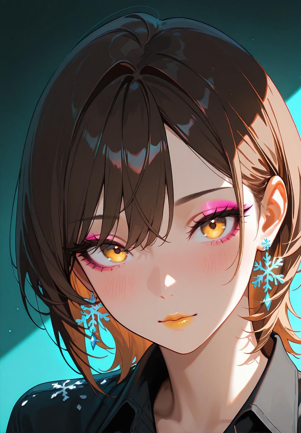 A digital illustration of a young woman with short brown hair, golden eyes, and bright pink eyeshadow. She wears light blue snowflake earrings and a black collared shirt, looking directly at the viewer against a teal and dark background.
