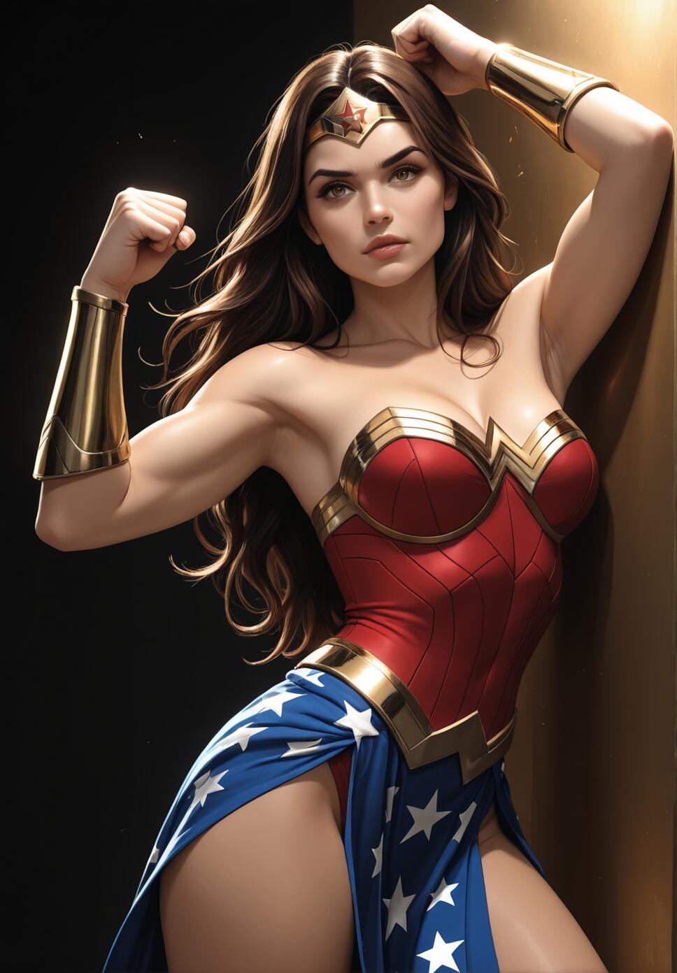 A woman dressed as Wonder Woman from DC Comics poses powerfully against a wall. She has long brown hair, is wearing the classic red, blue, and gold costume, and is flexing her arm to show her strength.