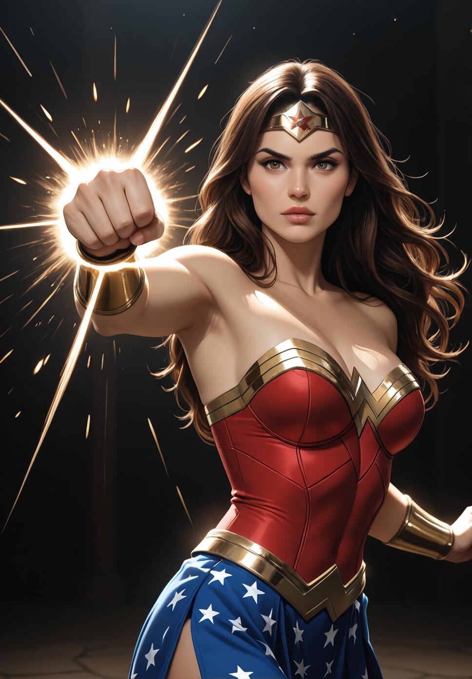 A digital illustration of Wonder Woman in her classic costume punching forward, with a bright starburst of light exploding from her fist. She has long brown hair and a determined look on her face.