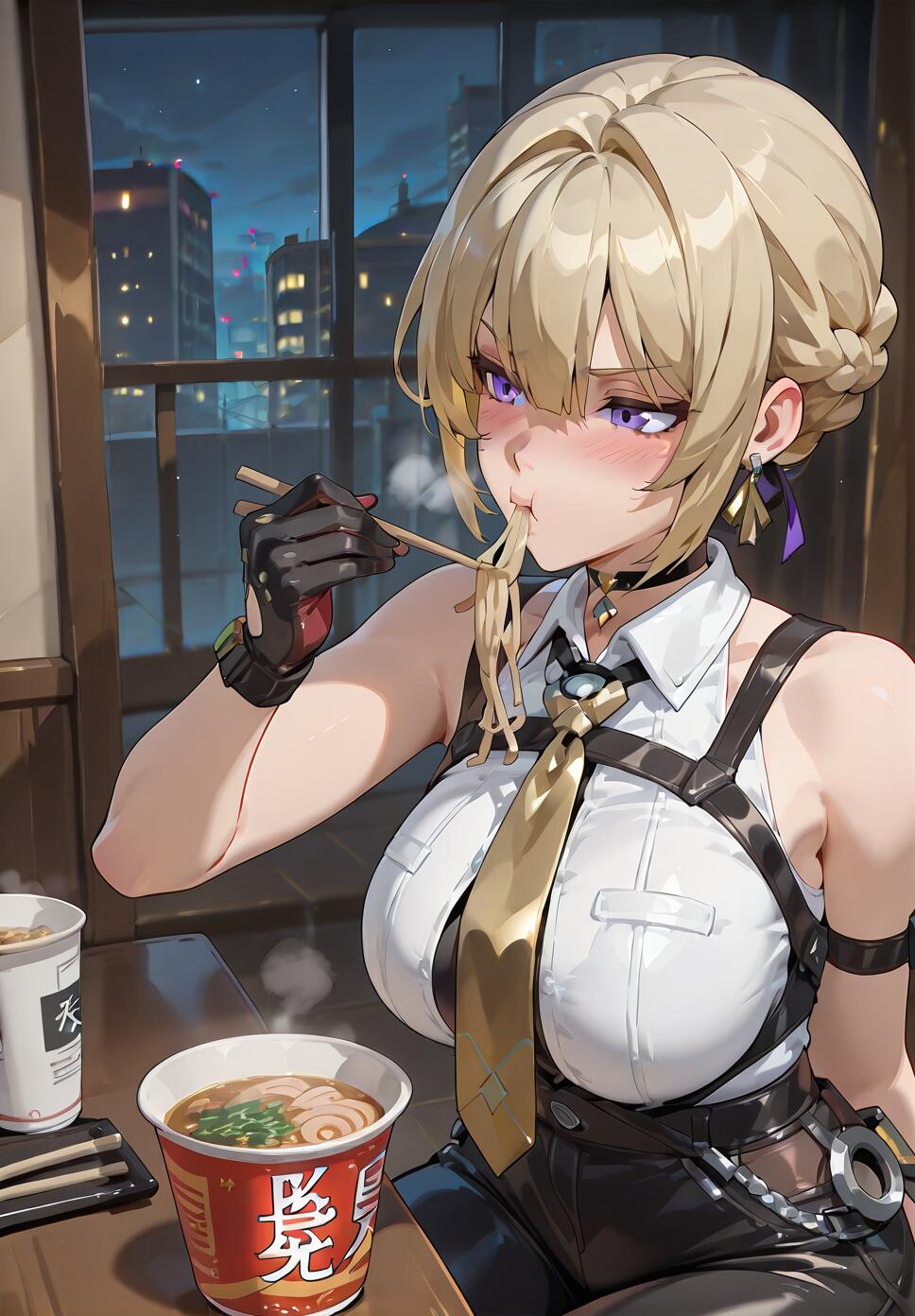 An anime-style illustration of Evelyn from Zenless Zone Zero, a blonde woman with purple eyes, sitting at a table and eating instant ramen with chopsticks. A city skyline at night is visible through the window behind her.