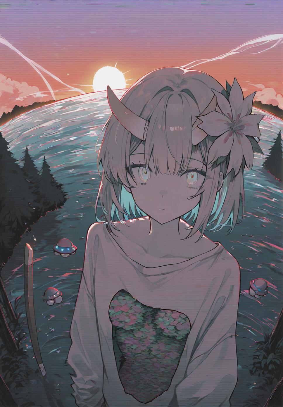 A surreal double exposure digital artwork of a woman with horns, blended with glitch effects, a red sky, a UFO, and natural elements like trees and waterfalls.