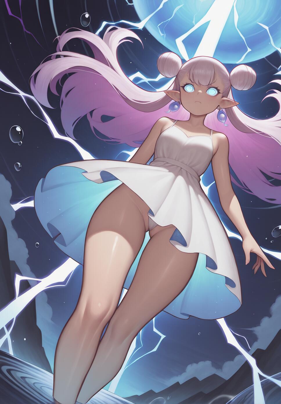A close-up, low-angle shot of an elf girl with pointy ears underwater, surrounded by lightning, bubbles, and a swirling water vortex.