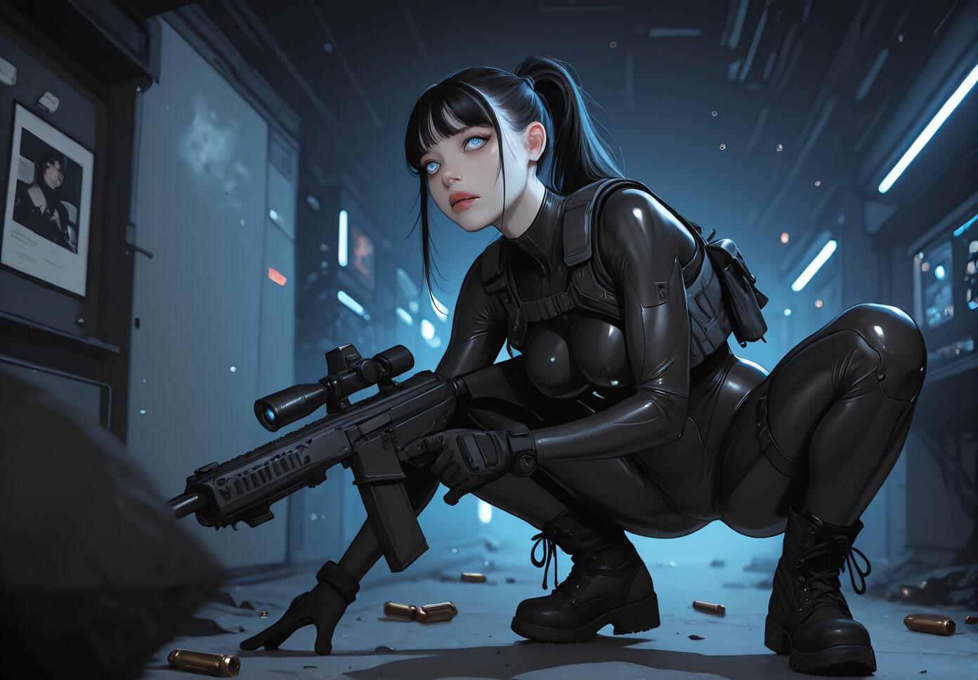 A young woman with black hair and blue cybernetic eyes in a black tactical catsuit, crouching with a futuristic rifle in a dark, sleek room.
