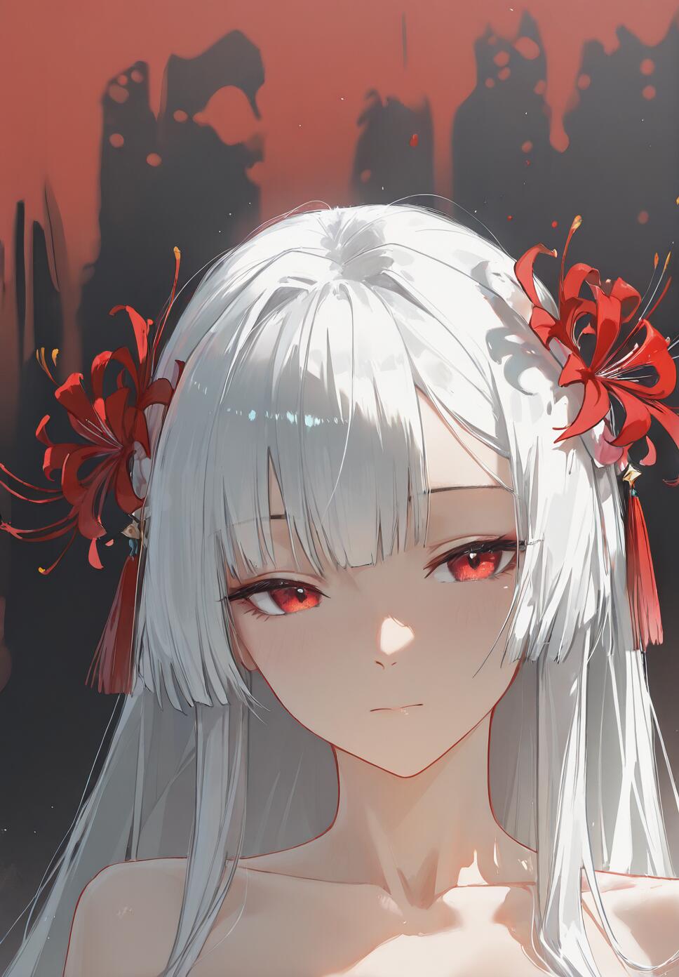 A stunning portrait of Phrolova from Wuthering Waves with long white hair, red eyes, and spider lilies against a black background.