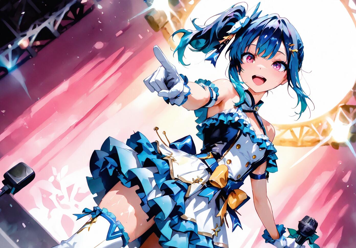 A joyful Japanese idol with a side ponytail and frilly outfit performing on a brightly lit concert stage, holding a microphone in a watercolor anime style.