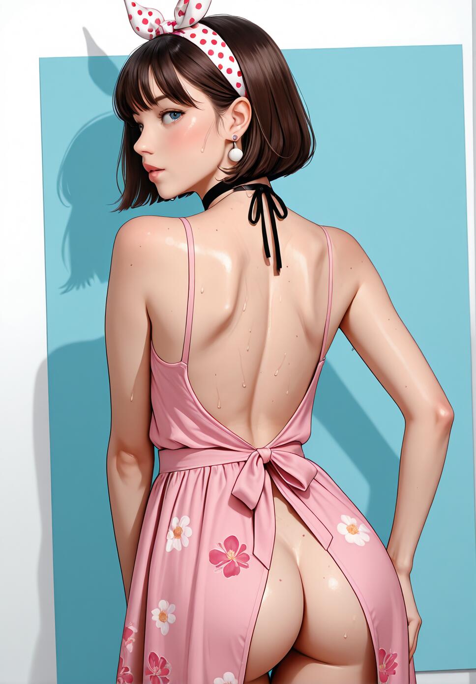 A woman with short brown hair and blue eyes looking back over her shoulder, wearing a pink floral dress and a black choker.