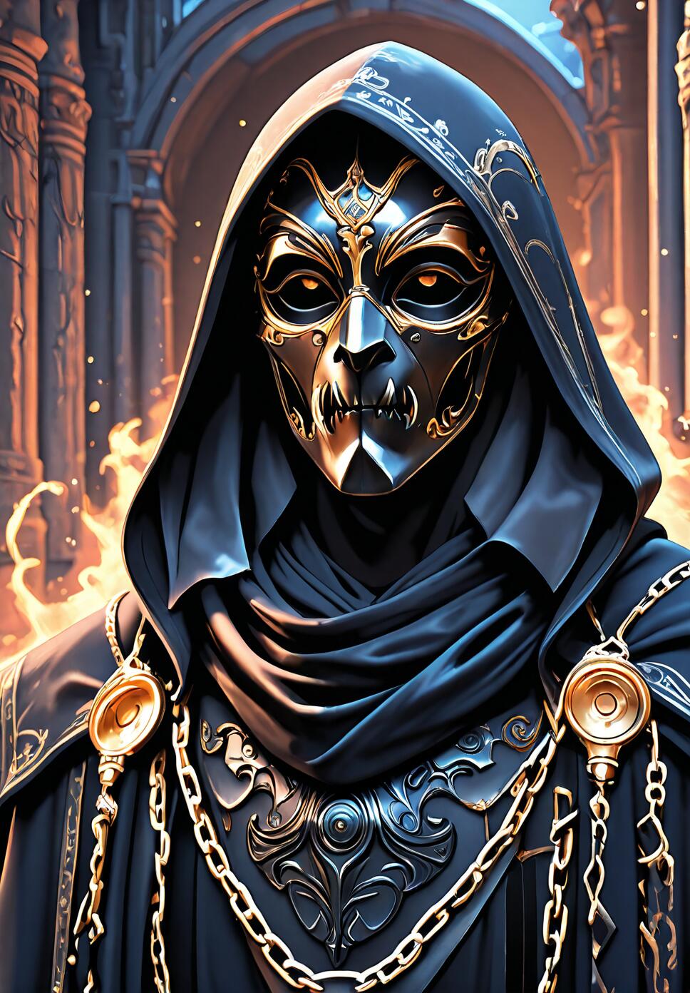 A close-up shot of a hooded figure wearing a highly detailed, ornate steel mask and fur-lined robes in a dark, atmospheric palace.