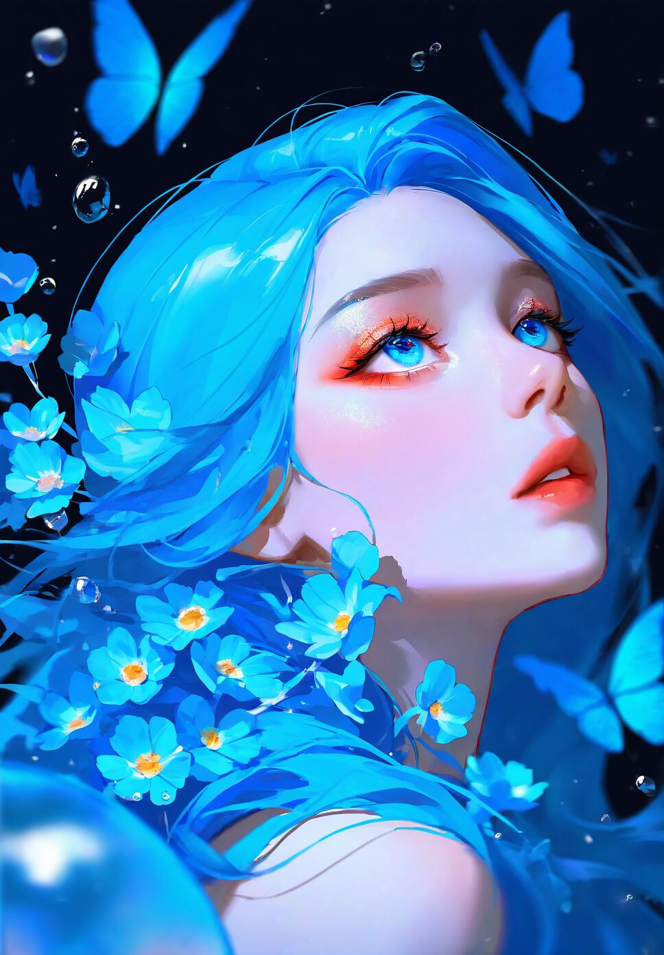 A close-up, ethereal portrait of a girl with long blue hair and blue eyes, adorned with blue butterflies, blue flowers, and glistening water drops.