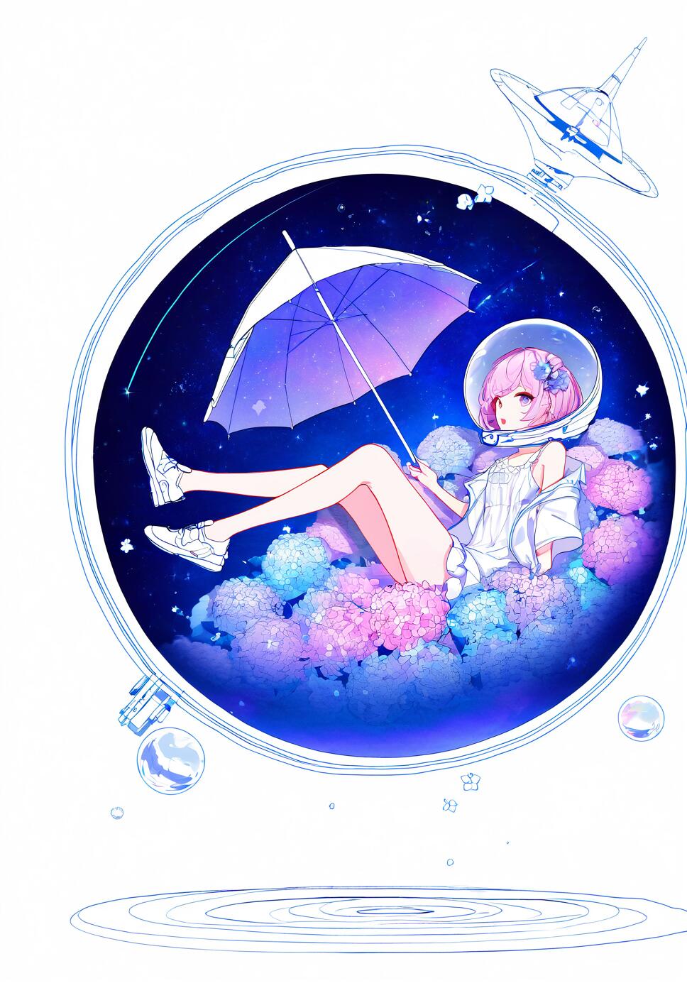 A girl with purple eyes and short hair wearing a space helmet and a frilled dress, sitting inside an umbrella surrounded by hydrangeas and stars.