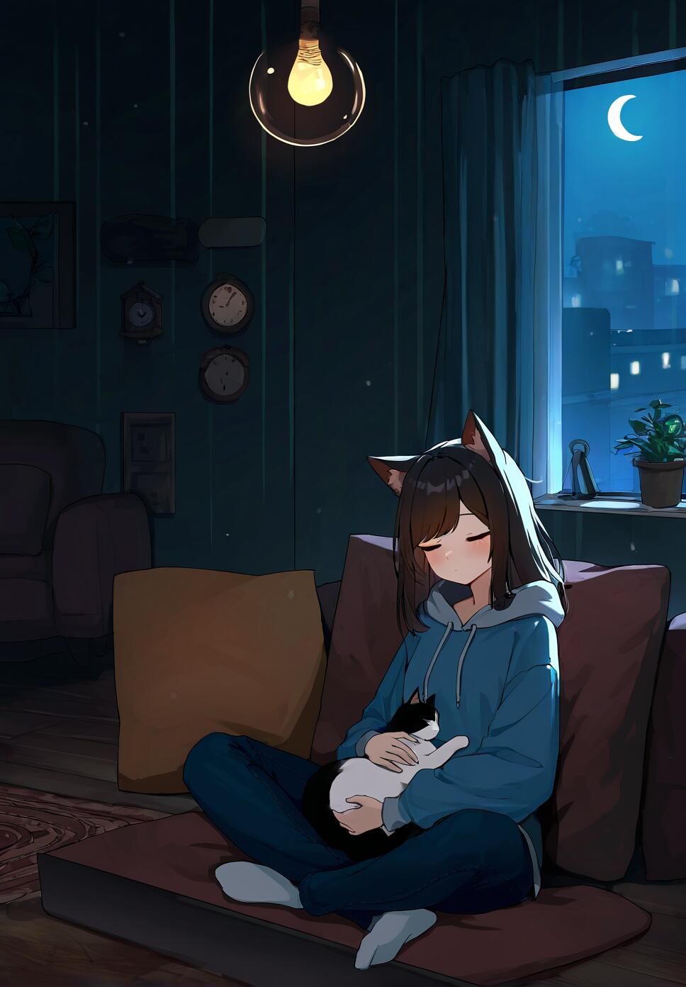 A peaceful illustration of a sleeping cat girl wearing a blue hoodie and holding a black cat on a couch at night.