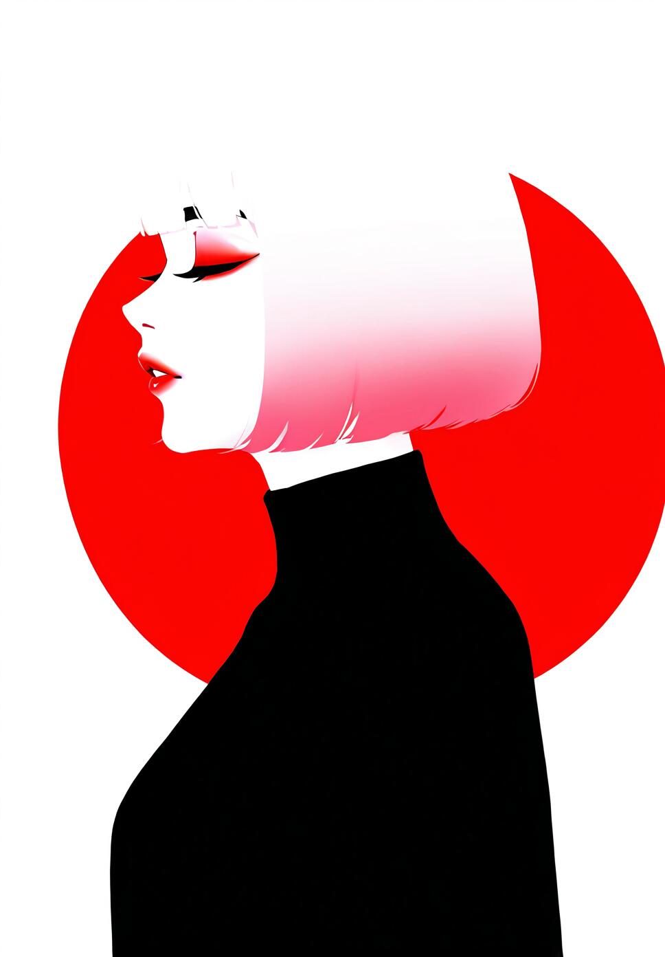 A profile view of a girl with white and pink bob hair, closed eyes, and bold red lipstick against a plain white background.