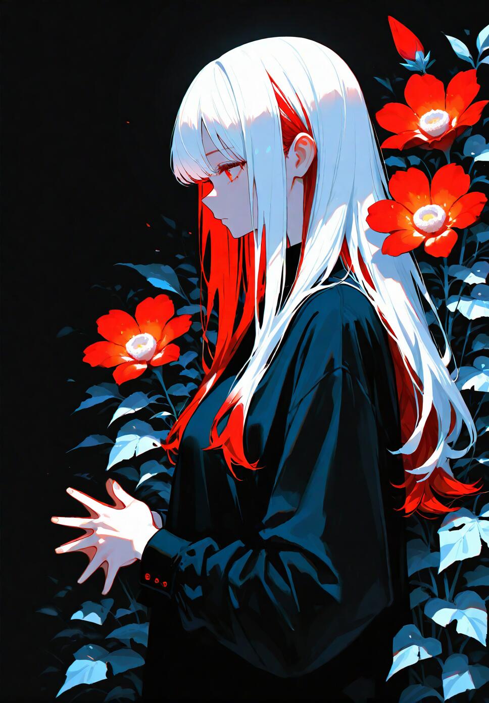 Profile portrait of a girl with long red and white two-tone hair holding a red flower and green leaves, wearing a black shirt