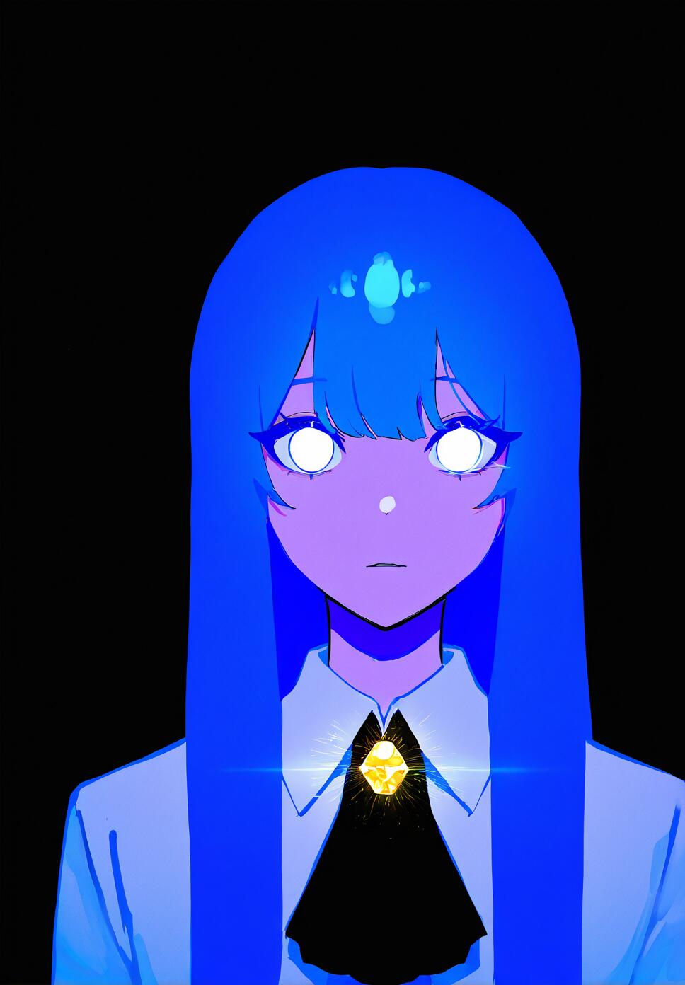 Portrait of a girl with long blue hair, glowing eyes, wearing a white shirt, black ascot, and a glowing yellow gemstone brooch.