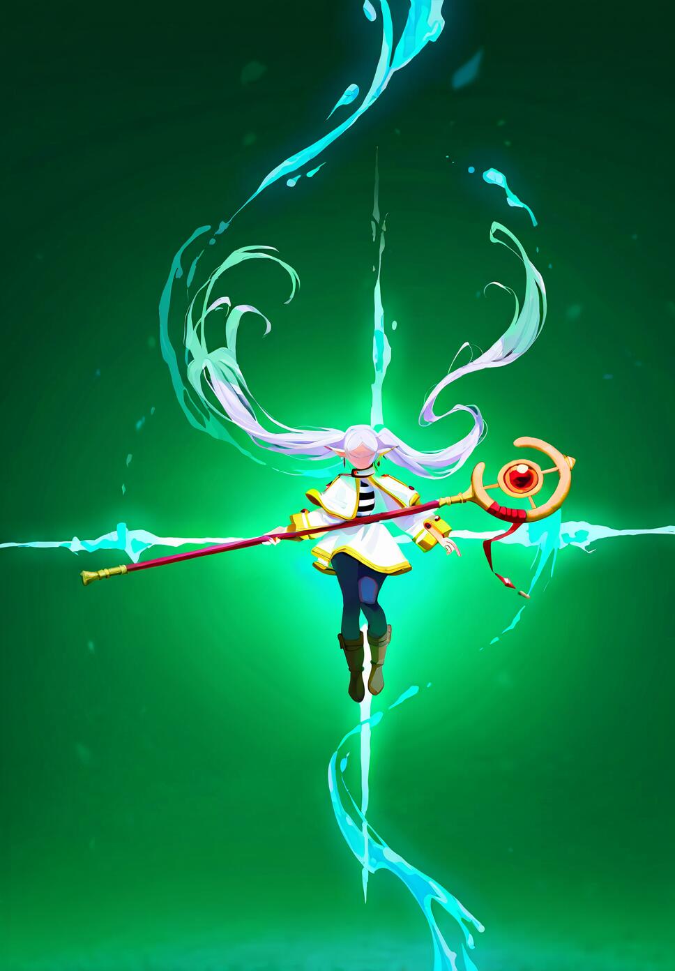 A realistic close-up of Frieren from Sousou no Frieren wielding her staff with swirling water and wind magic energy.