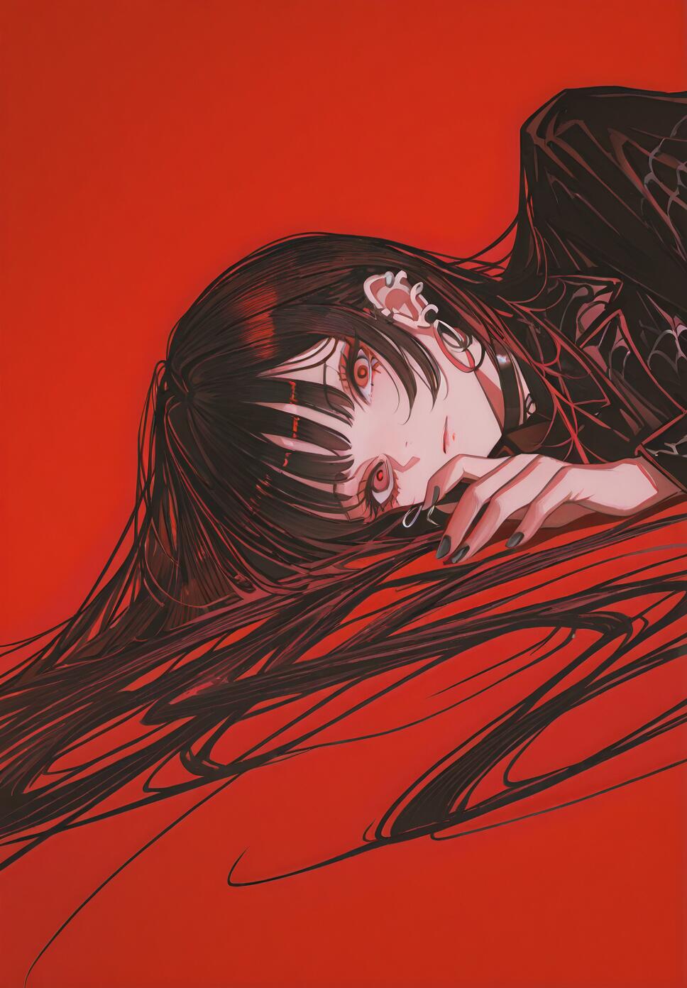 A detailed illustration of Kafka from Honkai: Star Rail with long black hair, black nails, and elegant jewelry, lying against a deep red background.