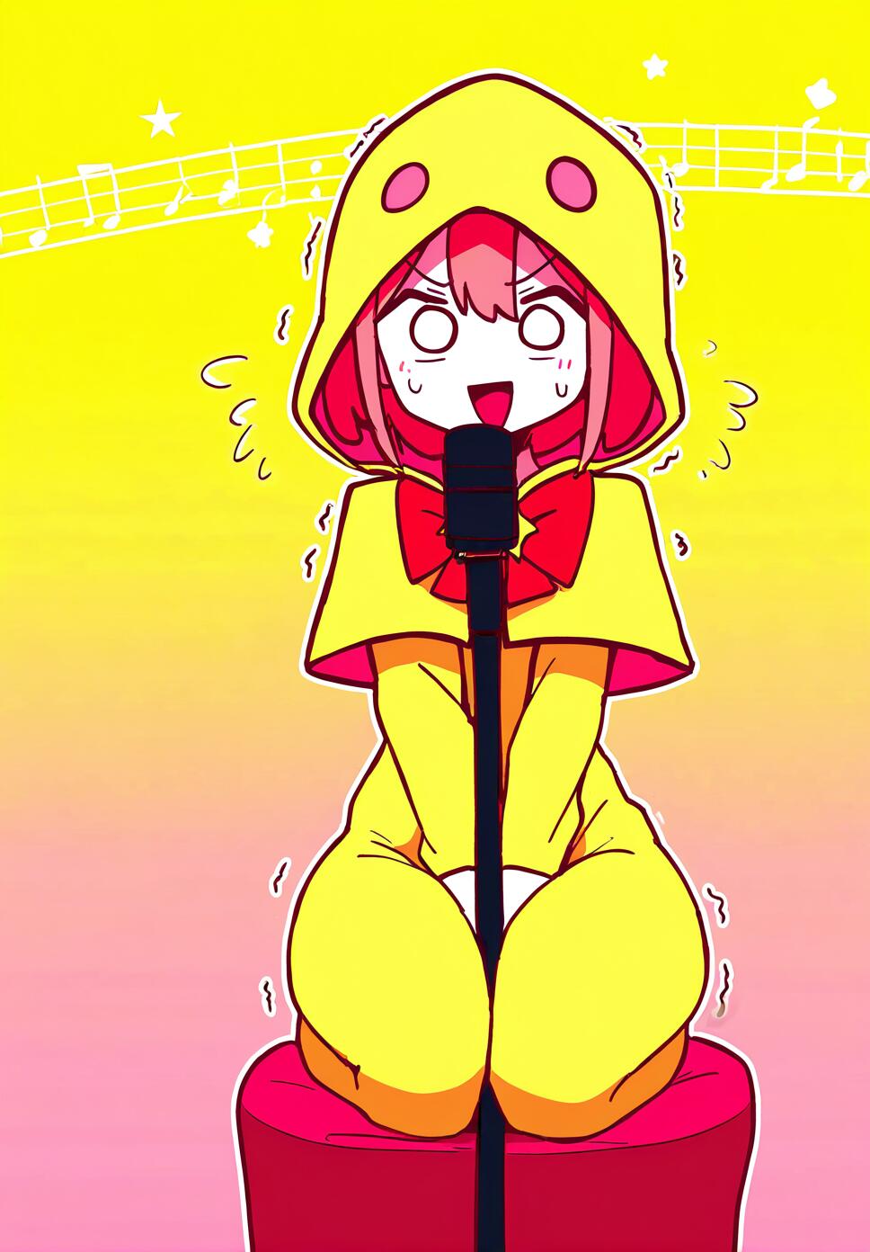 An anime girl with a yellow hooded capelet and red bowtie sitting nervously on a stool with a microphone stand, featuring musical and star motifs.