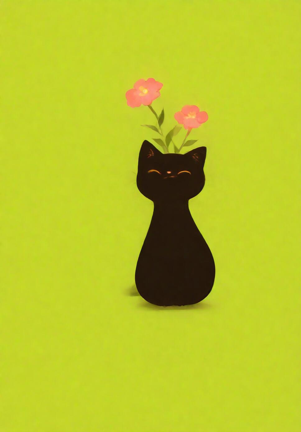 A close-up of a smiling black cat with closed eyes, surrounded by red and pink flowers against a soft green background.