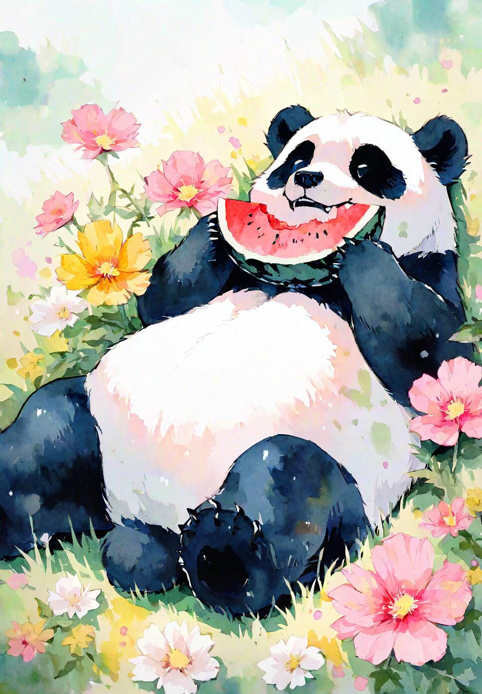 A watercolor illustration of a cute panda lying on green grass, eating a slice of watermelon amidst colorful wildflowers.