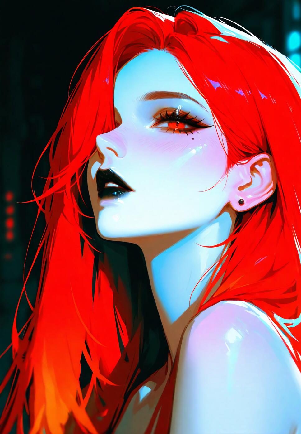 A close-up cinematic portrait of a woman with long flame-red hair, pale skin, and black lips, with a black mamba snake draped over her shoulders.