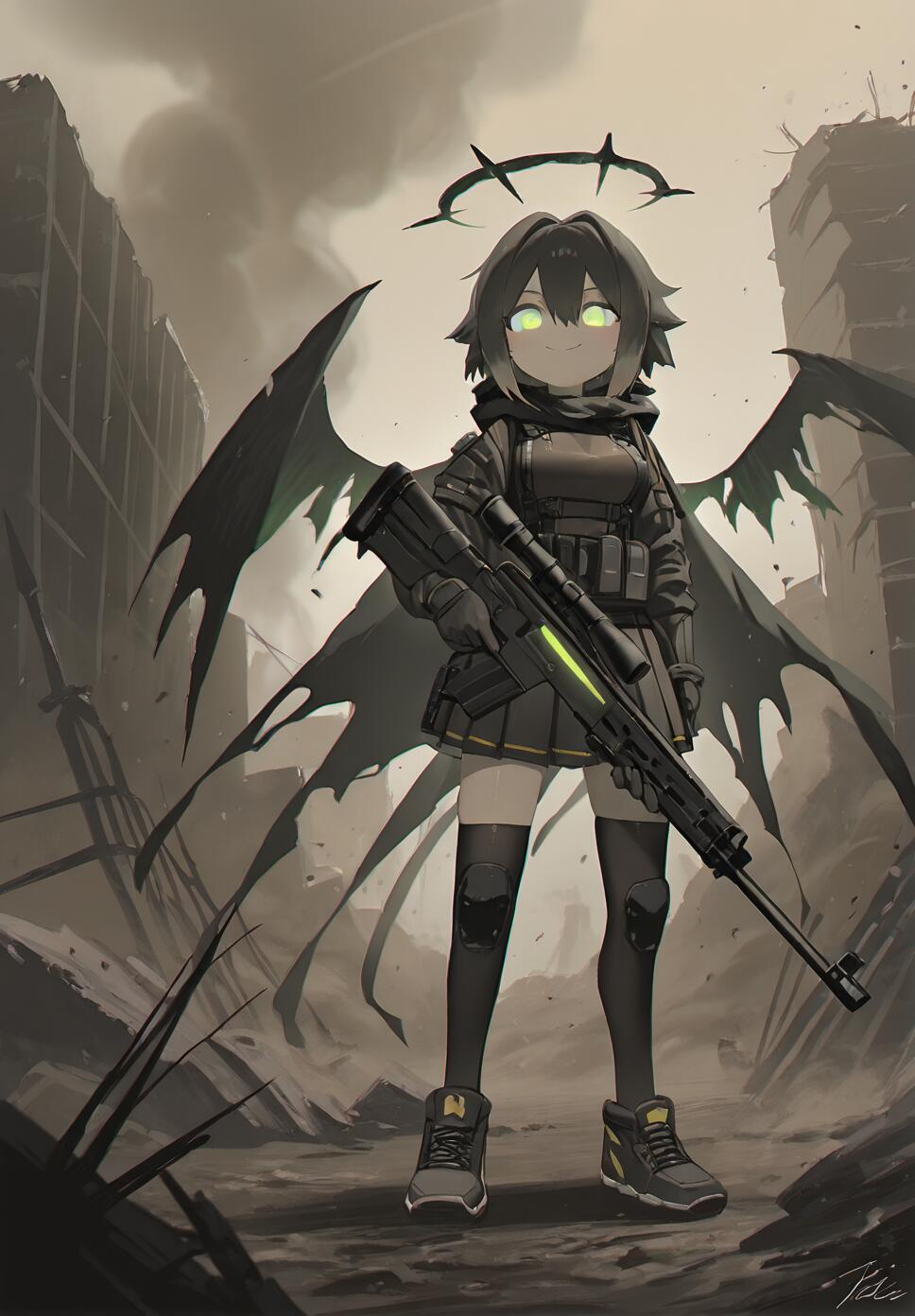 A girl in gothic tactical gear with glowing bone wings, holding a sniper rifle in a smoky, ruined battlefield, monochrome with gold accents.