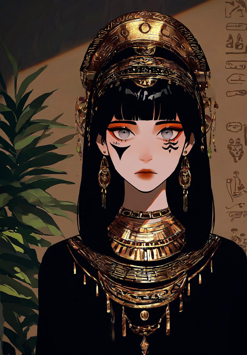 A close-up portrait of a woman with black hair, facial markings, and Egyptian-themed jewelry against a dark hieroglyphic background in a noir comic style.