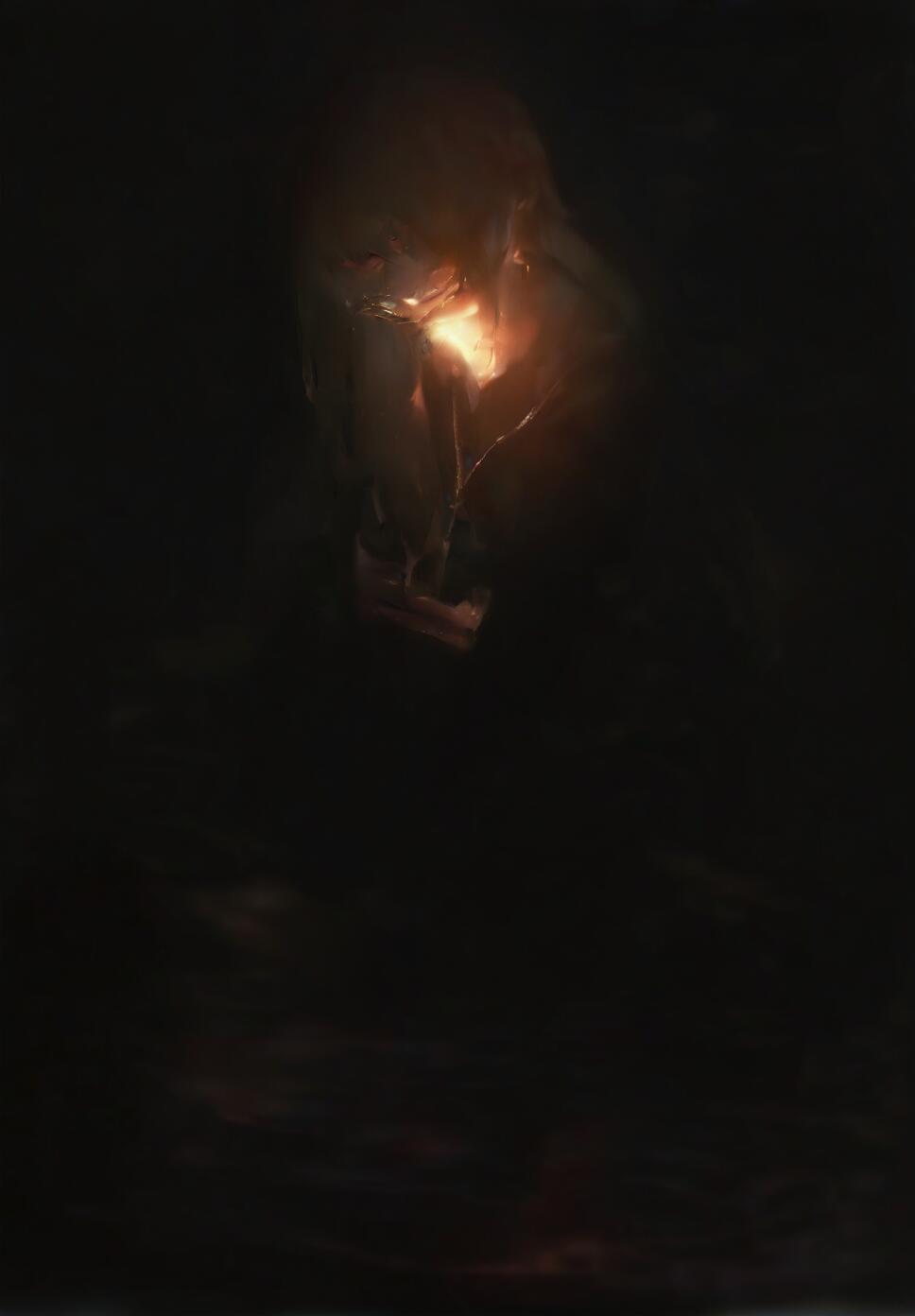 A blonde nun in a torn black habit and dress, squatting with a sinister grin, wearing cross earrings and a necklace, surrounded by a dark, cracked environment.