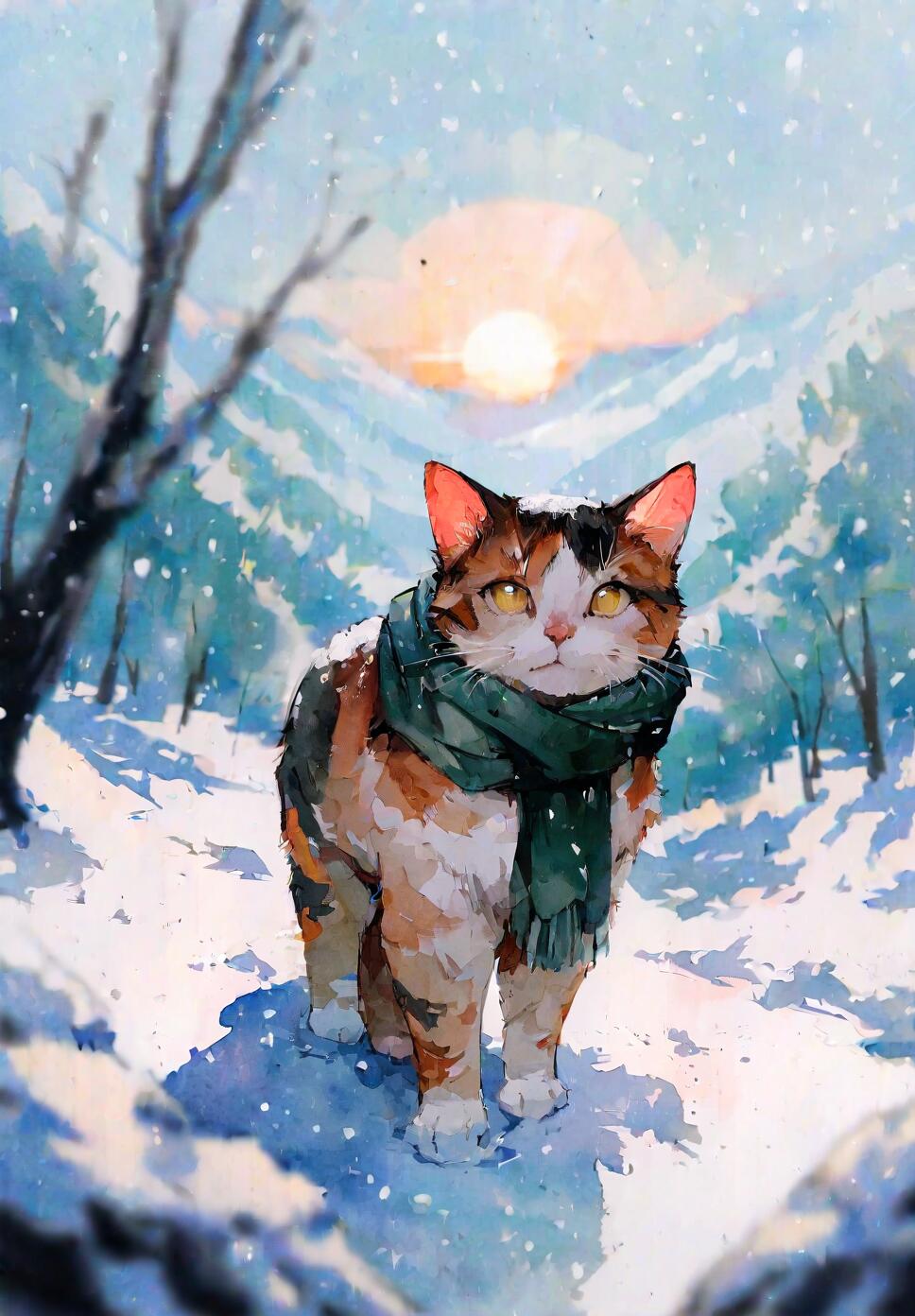 A beautiful watercolor painting of a cat wearing a green scarf standing in a snowy winter landscape under a bright sky.