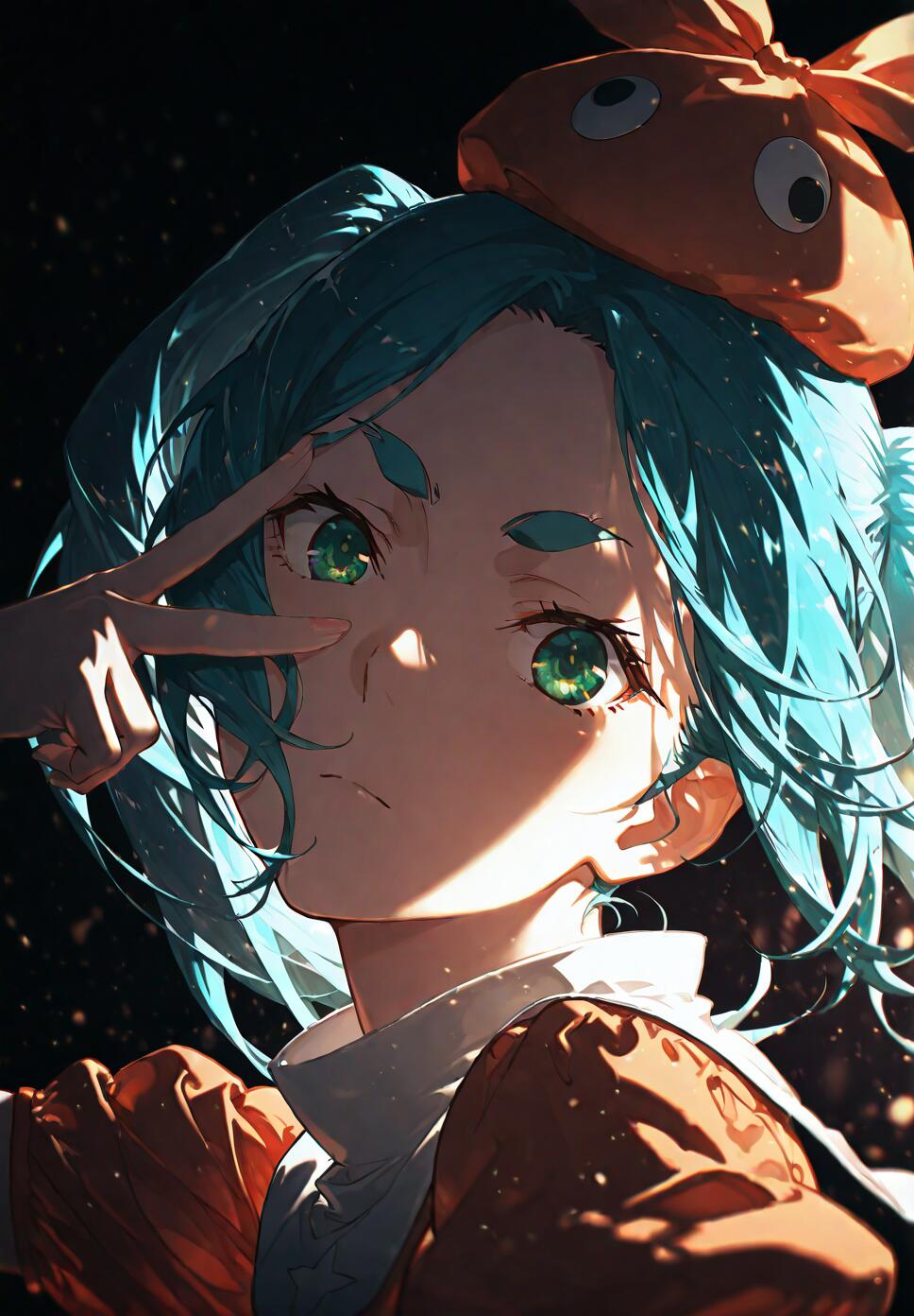 A detailed, cinematic close-up of Yotsugi Ononoki from the Monogatari Series with aqua twintails and green eyes against a dark, atmospheric background.