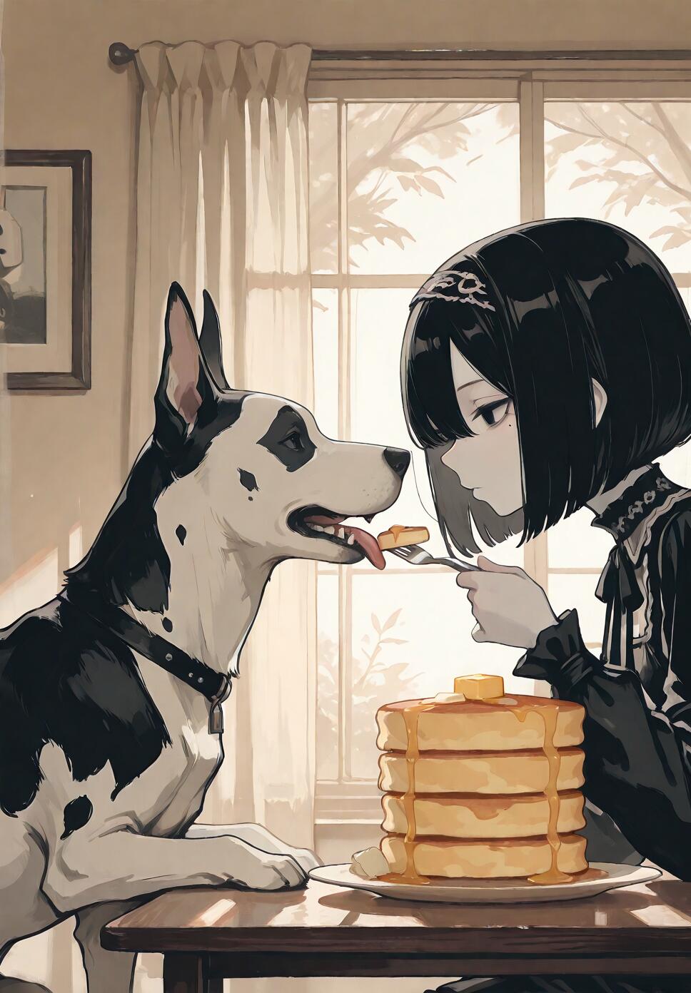 A girl with black hair and goth fashion feeding a Great Dane a pancake near a window with soft light.