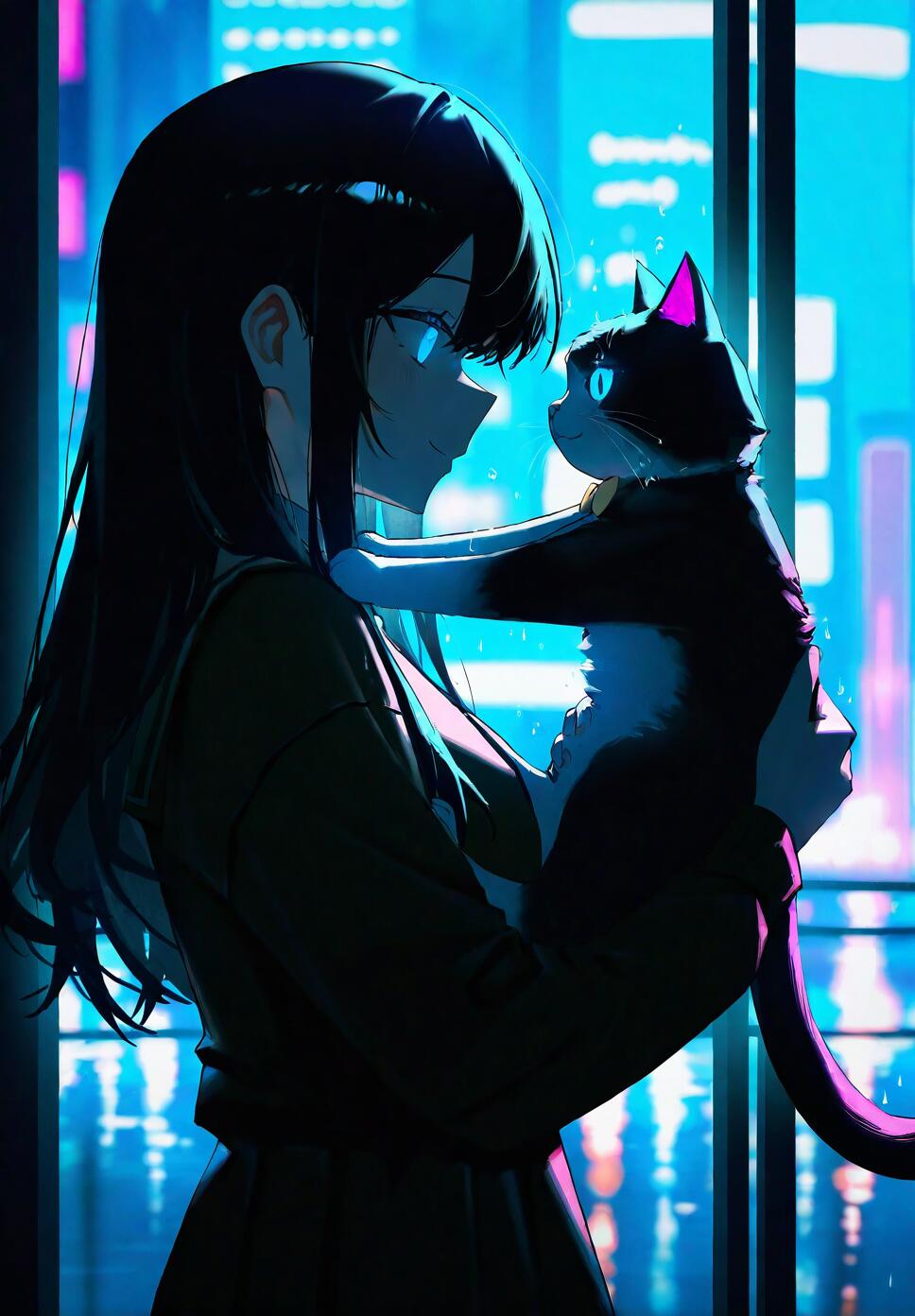 A side view of a girl with long hair and glowing blue eyes gently holding a cat during a light rain on a neon-lit city street with reflections in puddles.