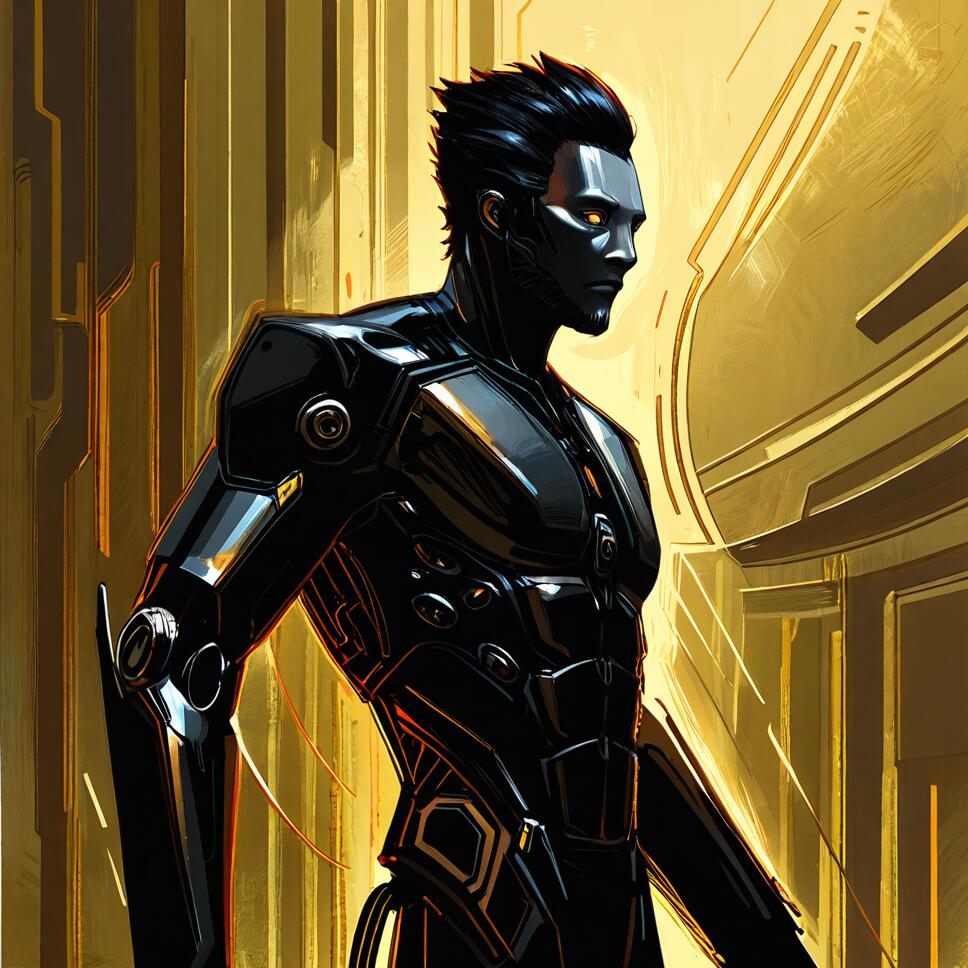 A highly detailed digital painting of Adam Jensen from Deus Ex: Human Revolution, featuring intricate gold and black mechanical cyborg augmentations in a cyberpunk style.