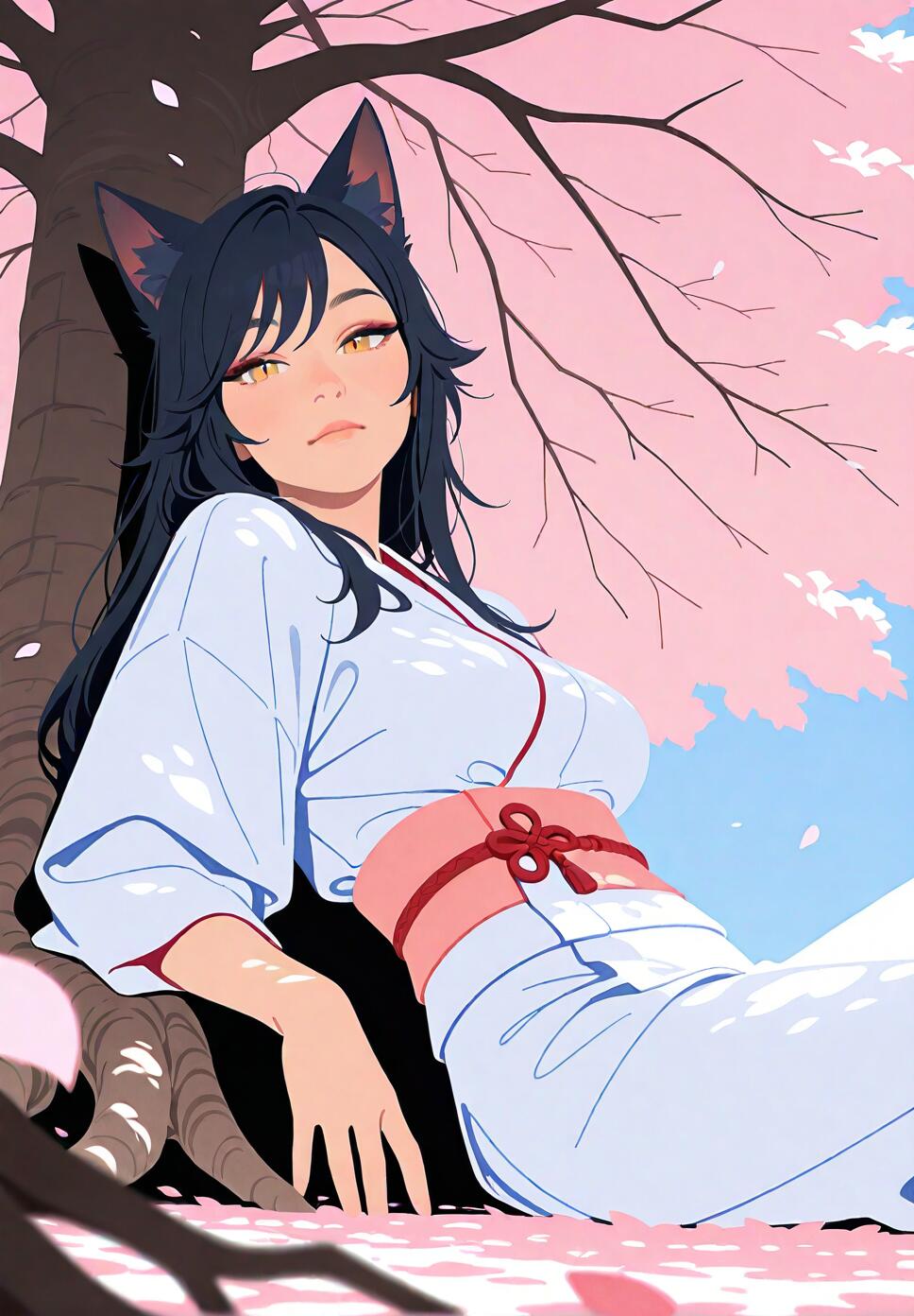 Ahri from League of Legends wearing a white kimono, resting under a sakura tree with pink petals falling in the morning sunlight.
