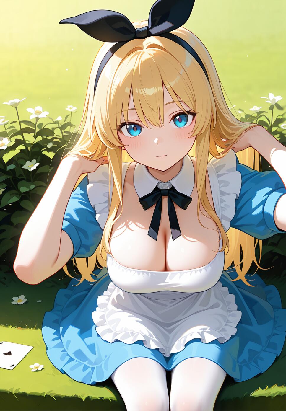 A detailed digital painting of Alice from Alice in Wonderland sitting with her hands in her blonde hair against a green backdrop.