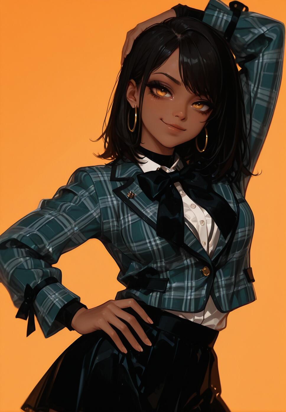 Digital illustration of a beautiful African woman with amber eyes, black hair, and a green plaid jacket posing against a solid orange background.