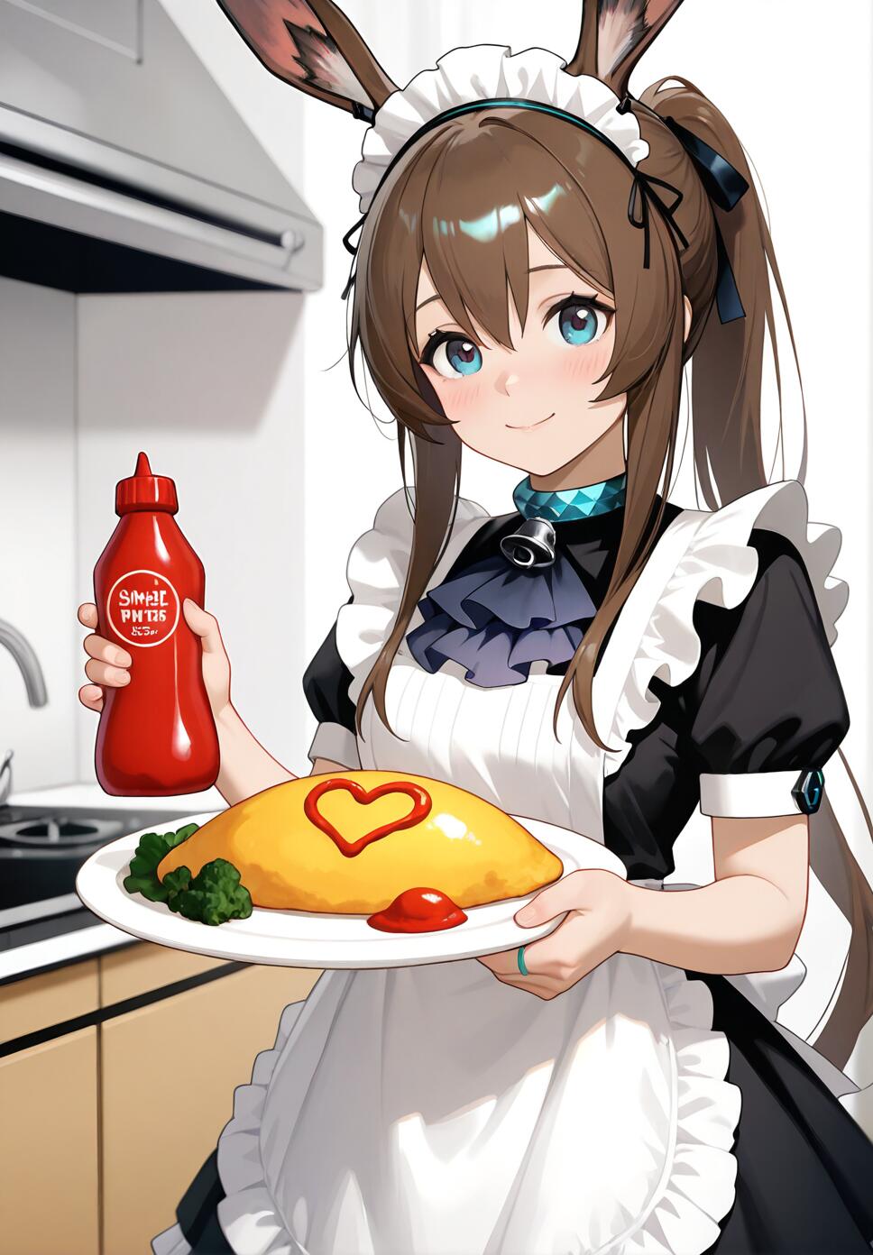Amiya from Arknights in a maid costume holding a plate of omurice with ketchup