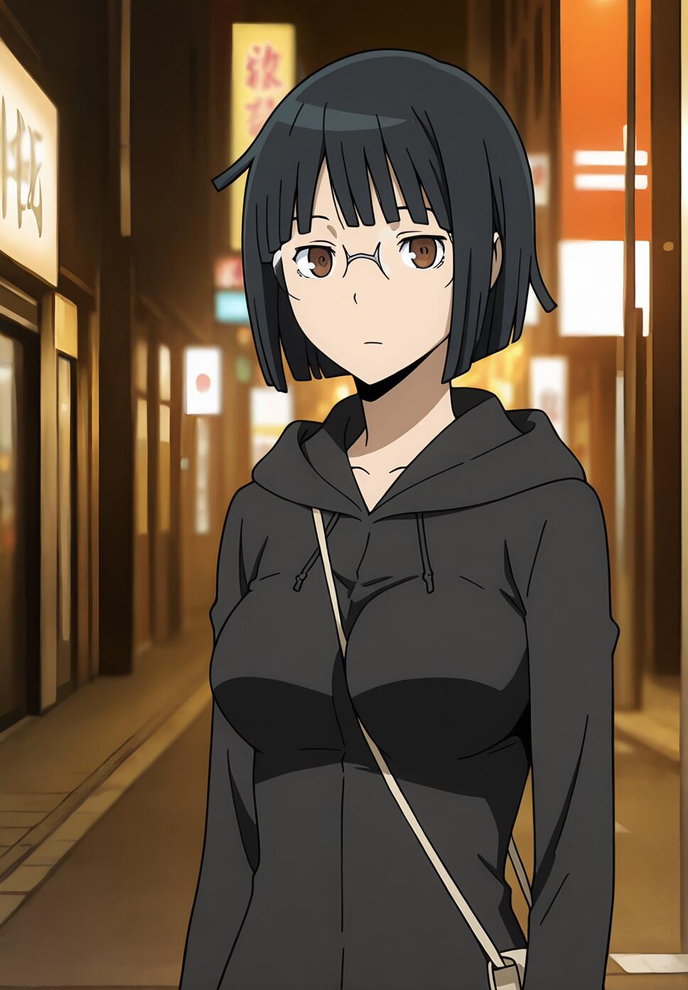 Anri Sonohara from Durarara!! wearing a black hoodie and rimless glasses standing on a night city street.